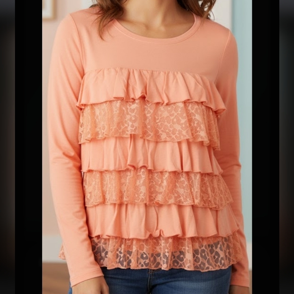 NWOT Top Blouse Tiered Front Lace ruffles, cotton modal, Long Sleeve,sz L. - Picture 14 of 14